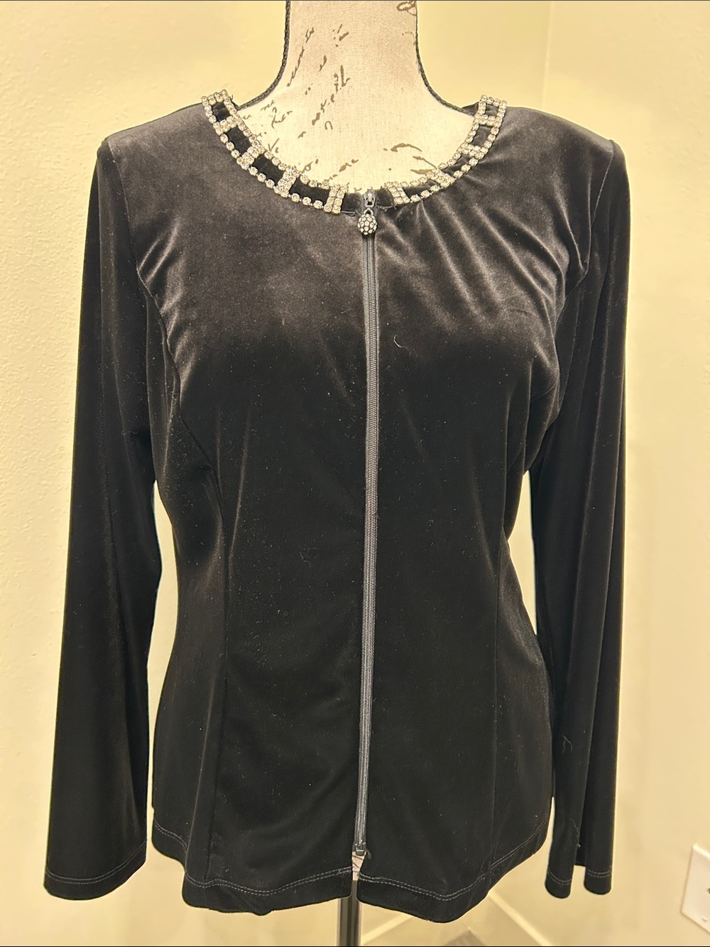 MSK Black Velour Zip-Front Long-Sleeve Jacket with Rhinestone Neckline